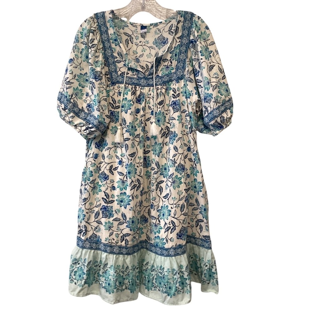Old Navy Large Blue‎ Floral Puff Sleeve Tassel Mini Dress Boho Cotton Blend